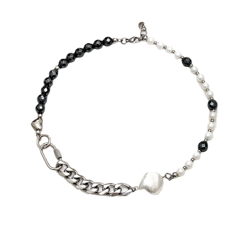 Spliced Necklace With Titanium Steel Hematite Beads And Faux Artificial Pearl Heart Pendant Retro Hip Hop Unisex Jewelry Gift