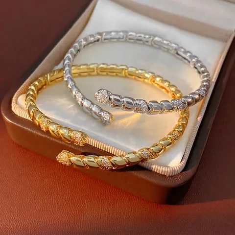 Schlangen Schuppen Offener Armreif 18K Vergoldetes Kupfer Mit Zirkonia Inlay Mode Luxus Schmuck Für Frauen Elegant