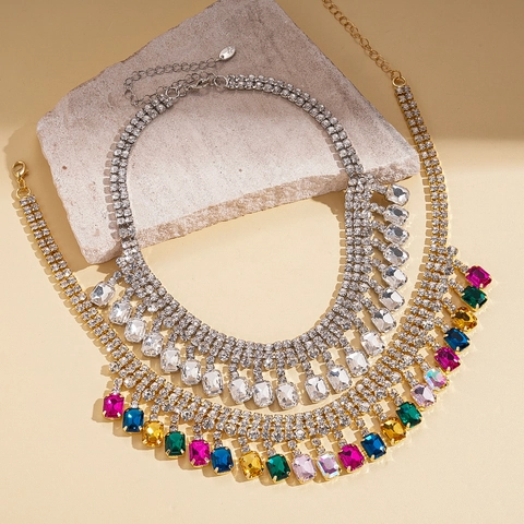 Copper Statement Necklace Luxury Geometric Square Rhinestone Tassel Colorful Long Sweater Chain For Women