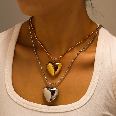 Collar Con Colgante de Corazón de Acero Inoxidable Chapado en Oro de 18K Cadena de Bolas Joyería Moderna Regalo de San Valentín