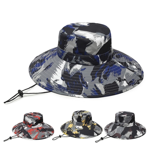 Camouflage Fischerhut Mit Breiter Krempe Polyester Atmungsaktives Netz Verstellbares Windseil Outdoor Angeln Wandern Sonnenschutz Herren