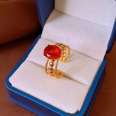 Vintage Stainless Steel Ring Oval Red Zircon Adjustable Open Design Retro Court Style Jewelry For Women