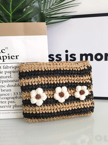 Damen Gestreifte Gehäkelte Stroh Clutch Tasche Umschlag Handtasche Mit Blumen Schleife Dekor Leicht Mode Urlaub Accessoire