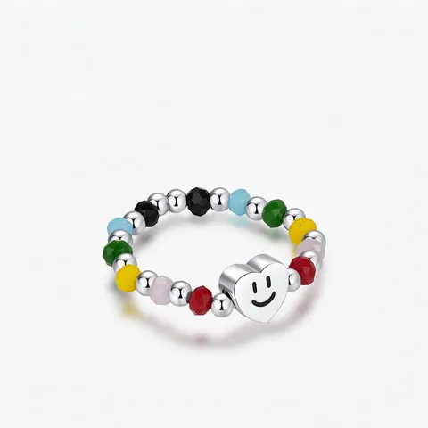 Beaded Ring 925 Sterling Silver Colorful Faceted Beads Heart Smiley Face Charm Elastic Cord Sweet Jewelry Women