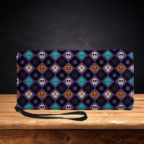 Women Long Wallet Clutch PU Leather Halloween Sugar Skull Print Zipper Card Holder With Wristlet Strap For Daily Use