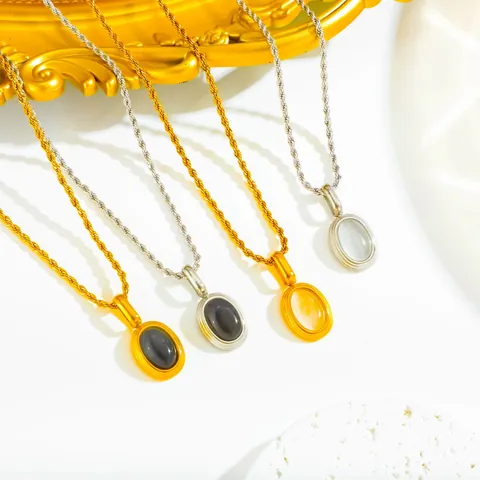 Collier Pendentif Vintage Français en Acier Titane Agate Noire Pierre Gemme Blanche Chaîne Torsadée Boucles d'Oreilles Bague Femme