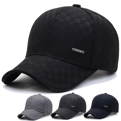 Men Winter Warm Baseball Cap Fleece Lined Checkerboard Textured Outdoor Sport Hat Adjustable Strap Metal Plate Decor