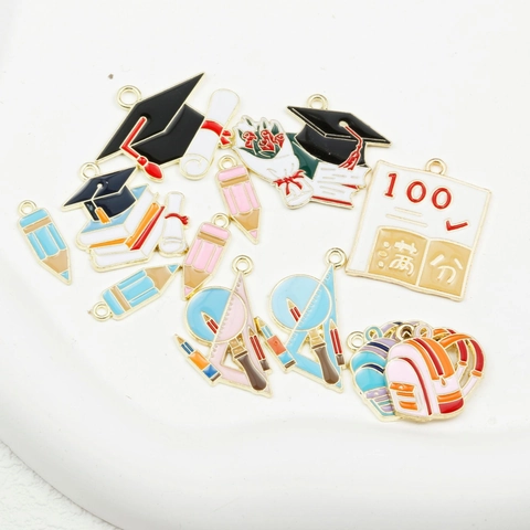 Graduation Theme Pendant Charms Alloy Enamel Doctoral Hat Pencil Schoolbag DIY Jewelry Making For Necklace Bracelet
