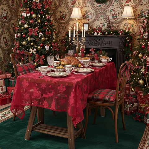 Mantel De Encaje De Navidad Malla Hueca Papá Noel Reno Copo De Nieve Patrón Decoración De Fiesta Casa Cocina Comedor