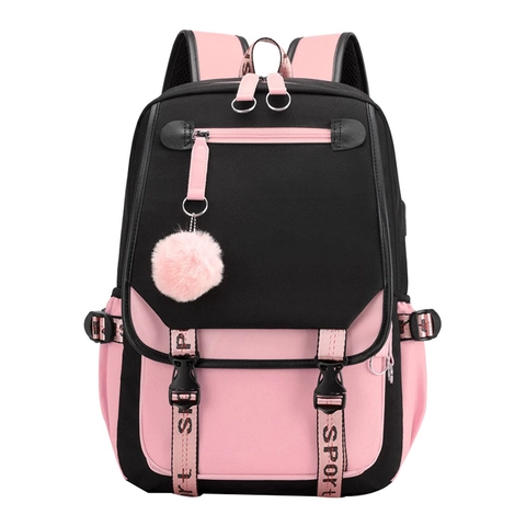 Zaino Di Moda Colori Contrastanti Tessuto Oxford Resistente All'acqua Con Porta Di Ricarica USB Ciondolo Palla Di Pelo