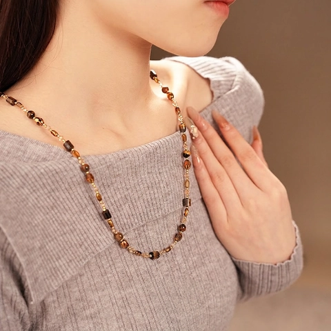 Collar De Cuentas Retro Cobre Piedra Ojo De Tigre Artificial Perla Artificial Falsa Estilo Francés Cadena De Suéter Para Mujer