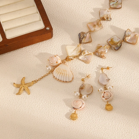 Juego de Joyas de Collar Y Pendientes de Acero Inoxidable de Concha Natural Estilo Oceánico Estrella de Mar Perla para Playa Mujer