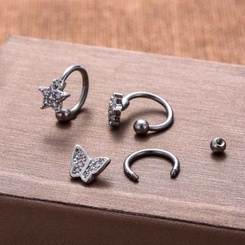 Anillo De Labio En Forma De C De Acero Inoxidable Mariposa Flor Circón Cartílago Piercing Joyería Para Mujeres Moda Color Plata