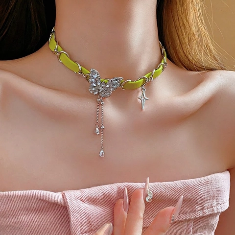 Legering Strass Vlinder Ster Choker Ketting Leer Kwastje Elegant Mode Sieraden Voor Vrouwen