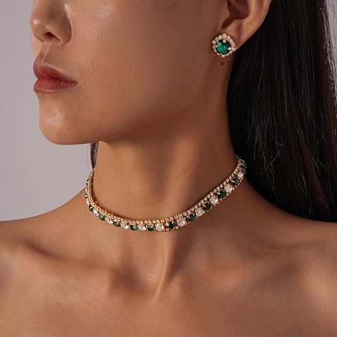 Collar Y Pendientes Cobre Geométrico Diamantes De Imitación Lujo Retro Estilo Palacio Accesorios Elegantes Mujer