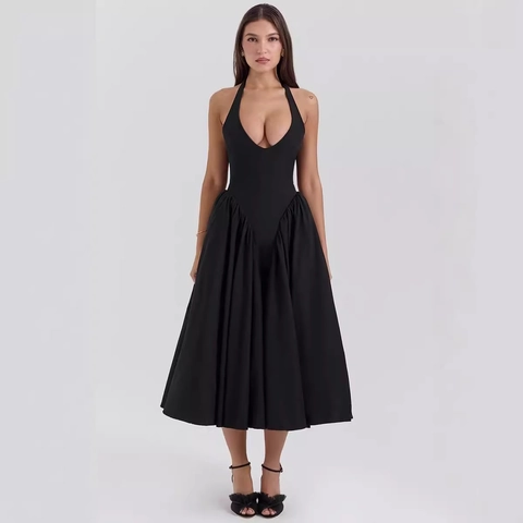Deep V Neck Halter Midi Dress Polyester Backless Pleated A-Line Swing Elegant Party Clubwear For Women Black
