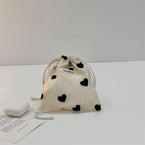 Drawstring Pouch Bag Corduroy Knitted Cotton Floral Checkerboard Heart Smile Print Portable Small Makeup Organizer