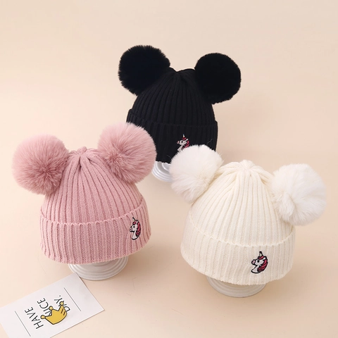 Kinder Strickmütze Acryl Doppel Bommel Einhorn Stickerei Gerippt Warm Winter Outdoor Mädchen Jungen Säuglinge