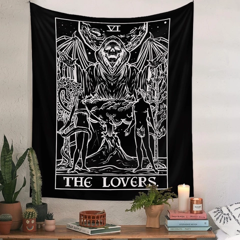 Tarot Karte Wandteppich Wandbehang Polyester Schwarz Weiß Die Liebenden VI Gothisch Böhmisch Deko Für Schlafzimmer