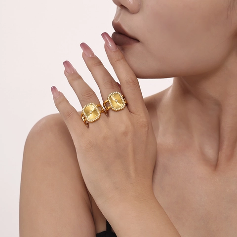Roestvrijstalen Ring Goud Verguld Zirkoon Zonnestraal Patroon Vintage Verstelbaar Open Sieraden Voor Dames