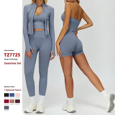Conjunto De Yoga Sin Costuras Poliamida Elastano Leggings Acanalados Sujetador Espalda Deportiva Chaqueta Mujer
