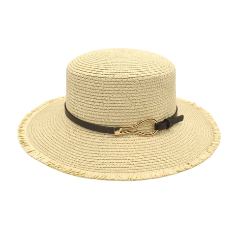 Sombrero De Paja Para Mujer Ala Ancha Copa Plana Verano Playa Plegable Flecos Banda Cuero Elegante Moda