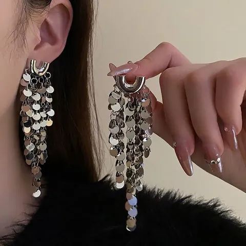 Sequin Quaste Lange Ohrhänger Mit Silbernem Ohrstecker U-Form Kupfer Luxus Statement Schmuck Für Frauen