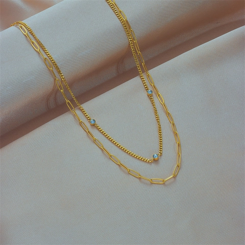 Trendige Doppelschichtige Goldene Titanstahl Halskette Für Damen Minimalistische Büroklammer Kette Strass Eingelegt Hip Hop Punk Schmuck