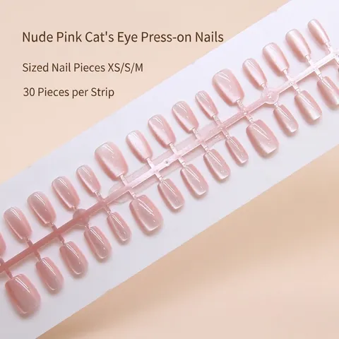 Press On Nägel Nude Rosa Katzenauge Effekt Kurz Ballerina Form Eis Durch Glänzend Künstliche Falsche Nägel Damen