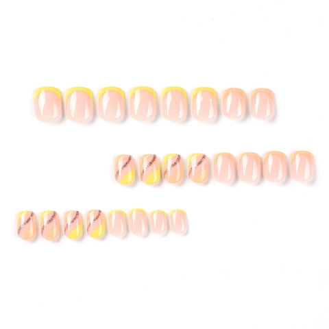 French Style Press-on Nails Short Square False Nails Yellow Peach Pink Color With Silver Glitter Waves For Women Manicure Accessory