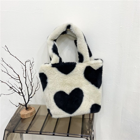 Damen Plüsch Handtasche Kunstpelz Herzmuster Winter Warm Eimer Stil Mode Tote Mit Magnetverschluss