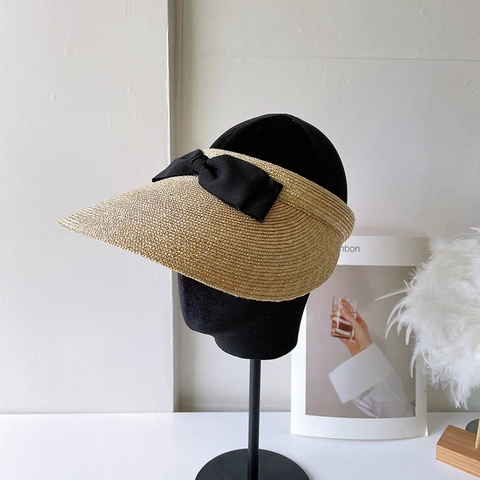 Women Wide Brim Visor Hat Natural Wheat Straw Bow Decor Sun Protection Beach Travel Japanese Style