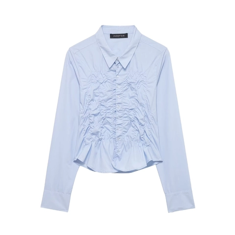 Smocked Long Sleeve Poplin Blouse Polyester Shirred Button Up Shirt Slim Fit Pointed Collar Solid Color Women Top