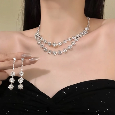 Elegant Flower Jewelry Set Copper Rhinestone Double Layer Necklace And Stud Earrings Silver Palace Style For Women