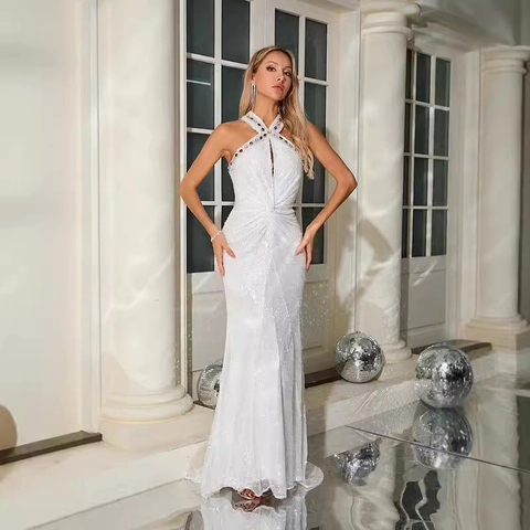 Robe De Soirée Dos Nu À Paillettes Blanches Strass Évidé Longueur Sol Sans Manches Maxi Robe De Fête