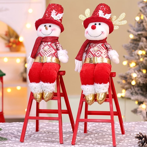 Christmas Plush Figurine Ornaments Sitting On Red Ladder Sequin Knit Cloth Santa Snowman Reindeer Home Indoor Decor