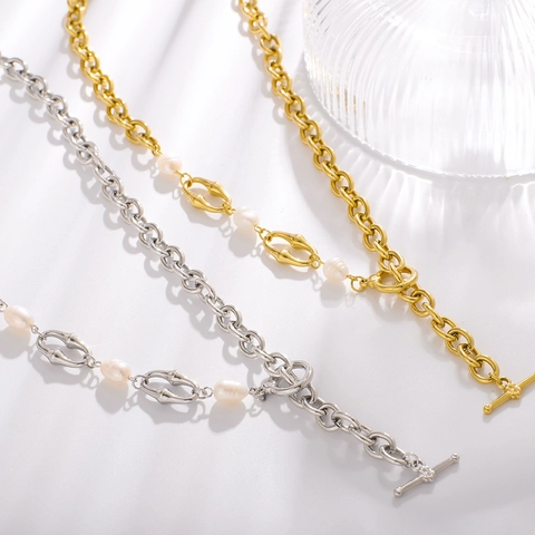 Collana A Catena Asimmetrica Per Donna Acciaio Al Titanio Perla D'acqua Dolce Hip Hop Stile Ins Gioielli Chiusura T-Bar