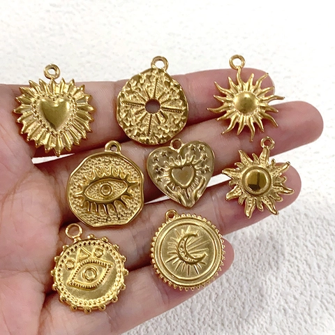 Edelstahl Anhänger DIY Schmuckherstellung Vergoldet Herz Böser Blick Sonne Mond Stern Retro Punk Bohemian Stil