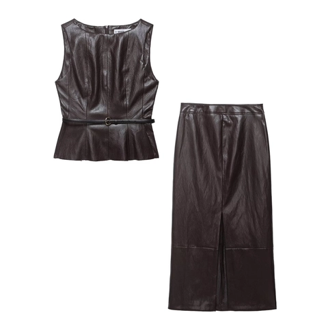 Top Senza Maniche In Ecopelle E Gonna Midi Con Spacco A Vita Alta Con Cintura Streetwear Chic Elegante Per Donna