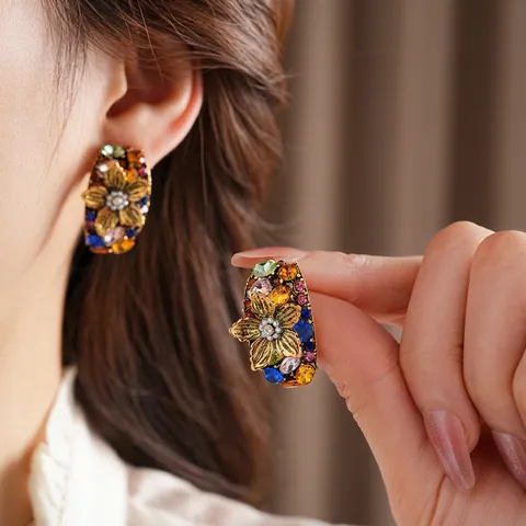 Orecchini Fiore Stile Palazzo Vintage Lega Strass Colorati Perla Artificial Imitazione Con Perno Argento Gioielli Eleganti Donna