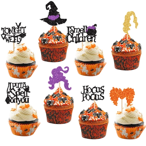 Glitter Cardstock Halloween Cupcake Toppers Witch Hat Ghost Pumpkin Spooky Holiday Party Event Cake Decorating Supplies