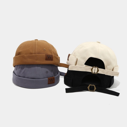 Bonnet Docker Rétro en Coton Sans Bord pour Hommes Femmes Décontracté Streetwear Miki Cap Avec Étiquette en Cuir W Ajustable