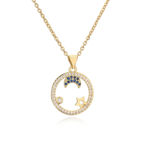 Collier Pendentif En Cuivre Zircon Étoile Lune Cœur Œil Soleil Creux Plaqué Or Bijoux Mode Pour Femmes
