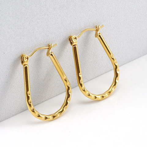 Boucles D'oreilles Créoles En Forme De U Plaqué Or 18 Carats Acier Inoxydable Texture Martelée Bijoux Géométriques Femmes