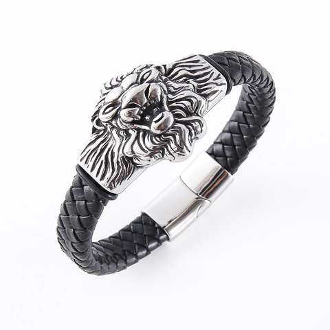 Pulsera De Cuero Trenzado Cabeza De León Acero Inoxidable 304 Cierre Magnético Joyería Gótica Hombre