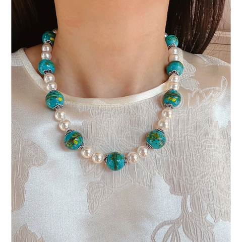 Lussuosa Collana in Ottone Stile Cinese Vintage con Perle Artificiali e Vetro con Motivo Macchiato Set di Gioielli da Donna