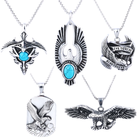 Heren Roestvrijstalen Arend Hanger Ketting Met Turquoise Steen Vintage Biker Gothic Stijl Live To Ride Sieraden