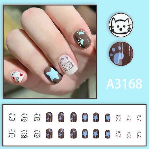 Press On Nails Short Square Cartoon Cat Patterns Brown White Sweet Cute Japanese Style Artificial Fingernails For Women