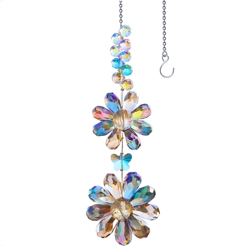 Iridescent Crystal Flower Suncatcher Rainbow Maker Hanging Ornament Butterfly Metal Chain For Window Garden Home Decor