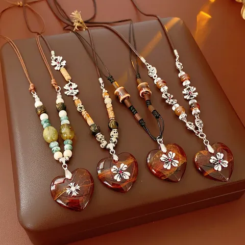 Ethnic Heart Pendant Necklace With Wood Ceramic Glass Beads Long Bohemian Jewelry For Women